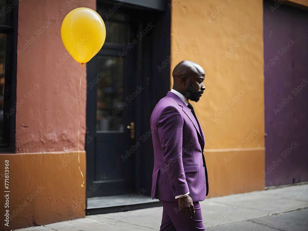 African American man in purple suit with blank yellow balloon, fashion and lifestyle, people background