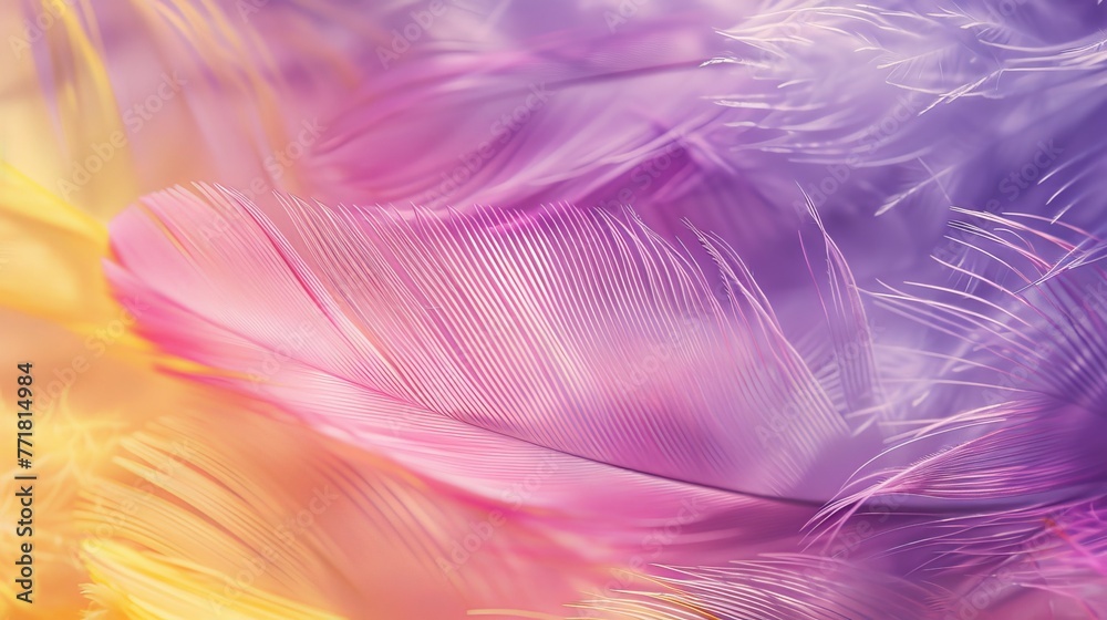 Soft feather textures in high-resolution pink, purple, and yellow. Light interplay on delicate feathers. Soft feather textures in high-resolution pink, purple, and yellow. Light interplay on delicate feathers.