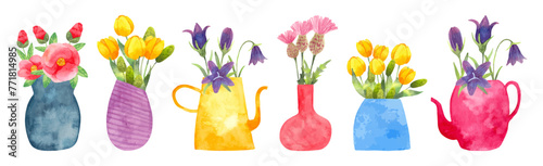 Wallpaper Mural Set of flowers in a vase.Japanese camellia, tulips, bluebell, thistle.Watercolor illustration.Hand drawn simple stylized style. Botanical garden clipart for simple and elegant design. Vector Torontodigital.ca