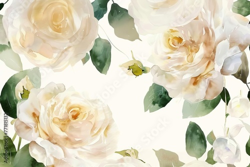 Delicate white roses seamless pattern, hand-painted watercolor floral arrangement