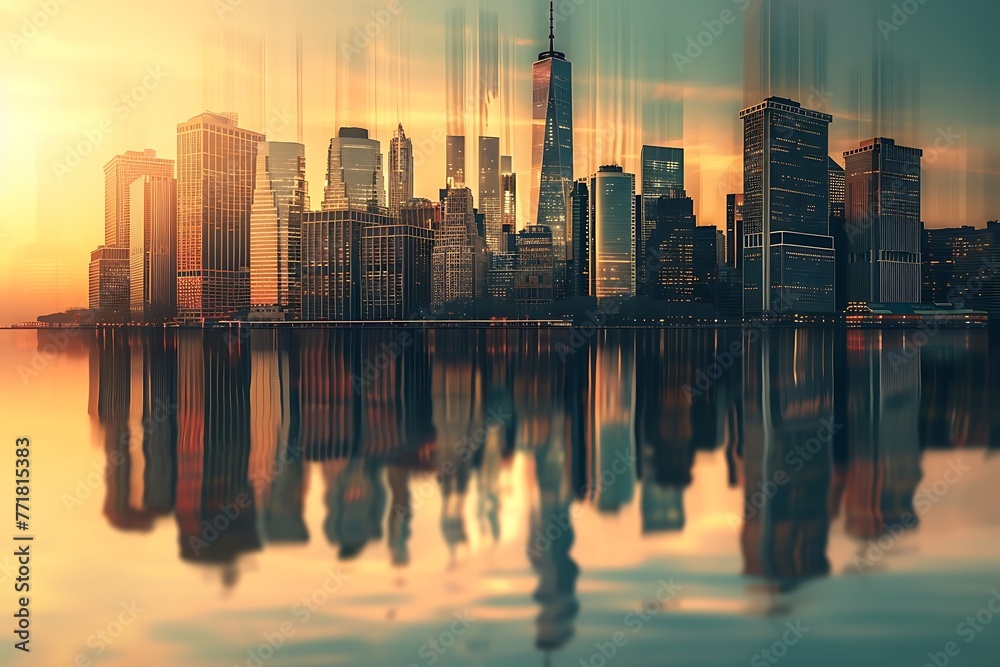 : Modern city skyline, sunset, reflective buildings; add personal touch