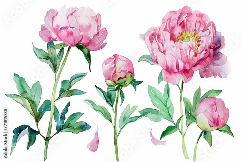 Delicate pink peony flowers in full bloom, watercolor painting set