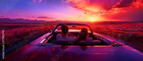 During the summer sunset, a couple drives a convertible car
