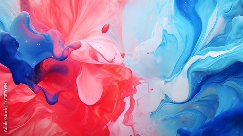 mix of red white blue color paints with blended drops on fluid while forming abstract patterns against blue background.