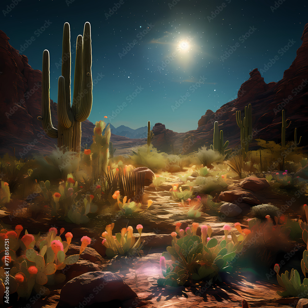 A desert landscape with cactus plants that produce water - obrazy, fototapety, plakaty 