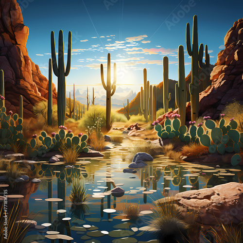 A desert landscape with cactus plants that produce water