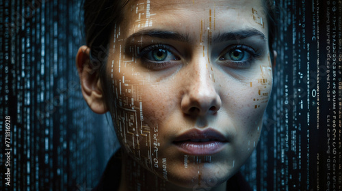 Mujer joven con proyecciones de  digitales futuristas de código fuente.