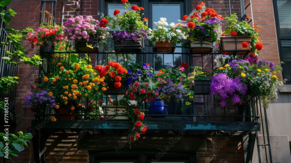 Colorful Flowers Overflow on Balcony