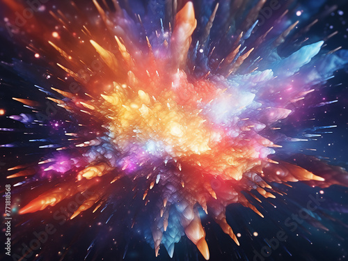 Shiny particles explode in a multicolored abstract background, resembling a laser show.