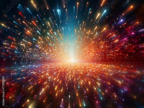 3D render creates an abstract explosion of colorful particles.