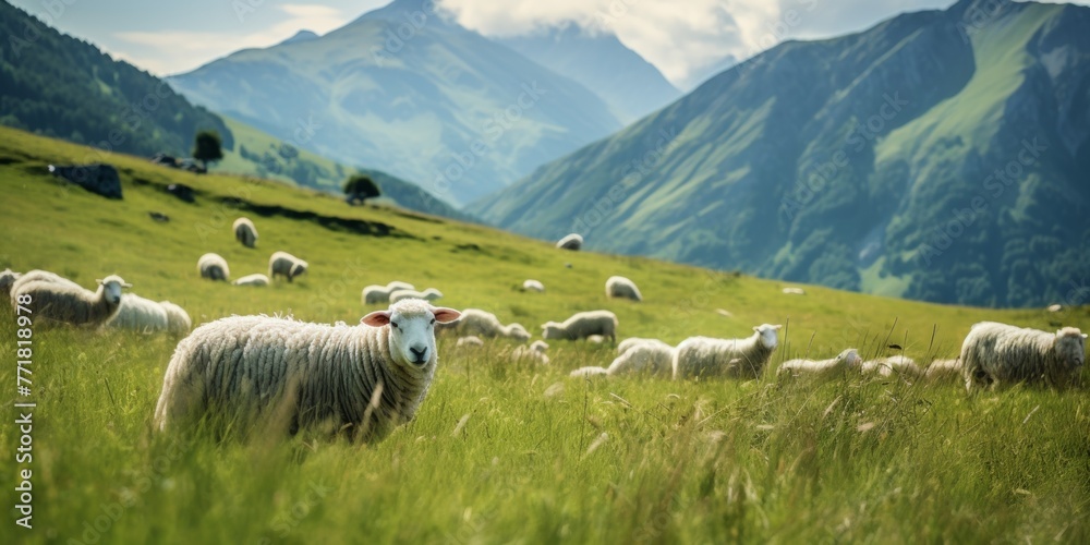 Sheep graze on a pasture against the backdrop of mountains Generative AI
