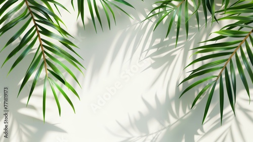 Shadow of tropical leaves on white background. Mockup with shadow of palm leaves on white background. Modern illustration. photo