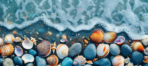 Background of seashells and stones on the beach