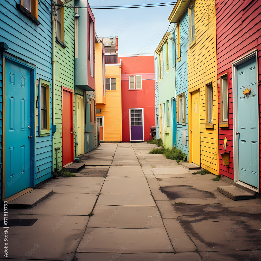 A series of colorful doors in an alleyway. 
