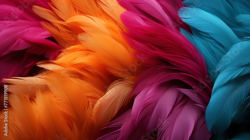 Close up of light fuchsia, azure, apricot luxurious feather background with copying spaces. Generative AI