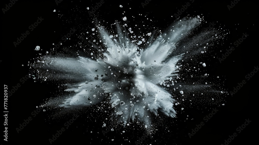 On a black background, white powder explodes - obrazy, fototapety, plakaty 