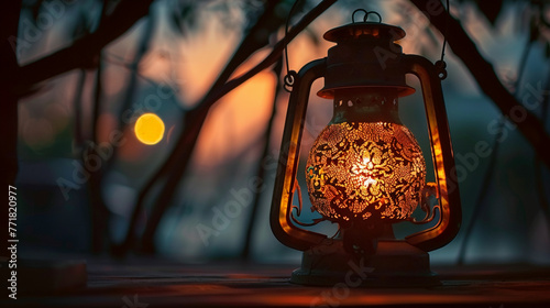 Antique lantern glowing with bright orange light, AI Generative.