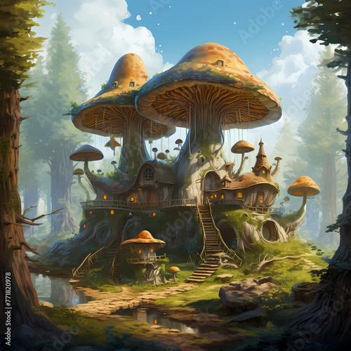 Giant mushrooms serving as homes in a magical forest