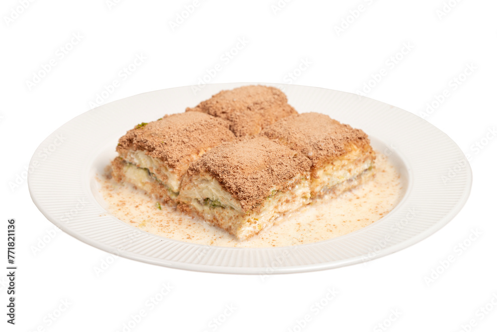 Cold baklava with pistachios isolated on white background. Turkish cuisine delicacies. Ramadan Dessert. local name soğuk baklava