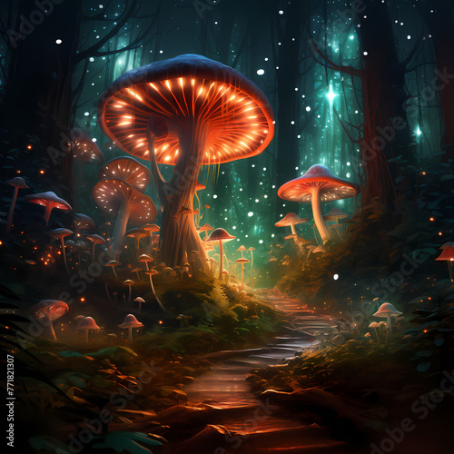 Mushroom forest with glowing spores. 