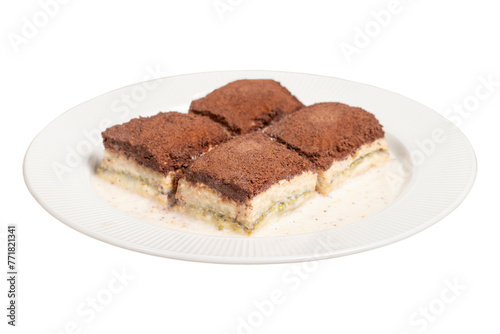 Dark chocolate and milk baklava. Cold baklava with chocolate isolated on white background. Famous dishes of Turkish cuisine