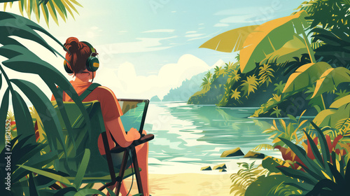 Remote Working in Tropical Serenity Illustration