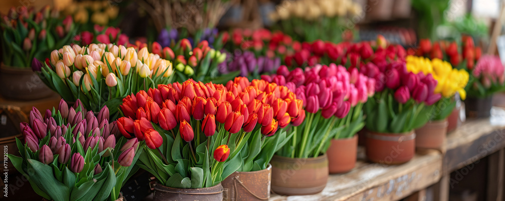 Colourful fresh tulips on sale in flower market. Assortment of fresh spring flowers in in store of shop. Showcase. Floral shop and delivery concept