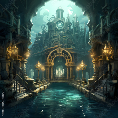 Underwater steampunk city gates. 