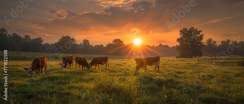 The rising sun illuminates a field of grazing cattle.