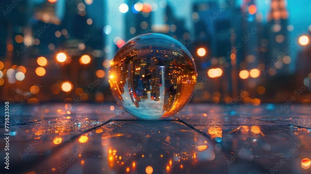 A future cityscape view through a golden color transparent glass globe sphere on the floor with architectural town background at the back drop and blurred bright lights dots A future cityscape view through a golden color transparent glass globe sphere on the floor with architectural town background at the back drop and blurred bright lights dots