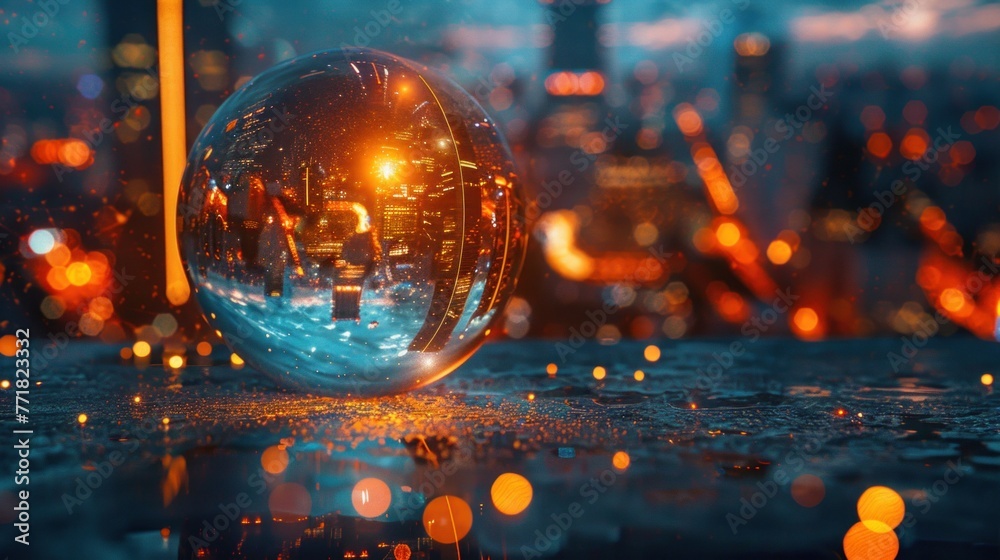 A future cityscape view through a golden color transparent glass globe sphere on the floor with architectural town background at the back drop and blurred bright lights dots A future cityscape view through a golden color transparent glass globe sphere on the floor with architectural town background at the back drop and blurred bright lights dots