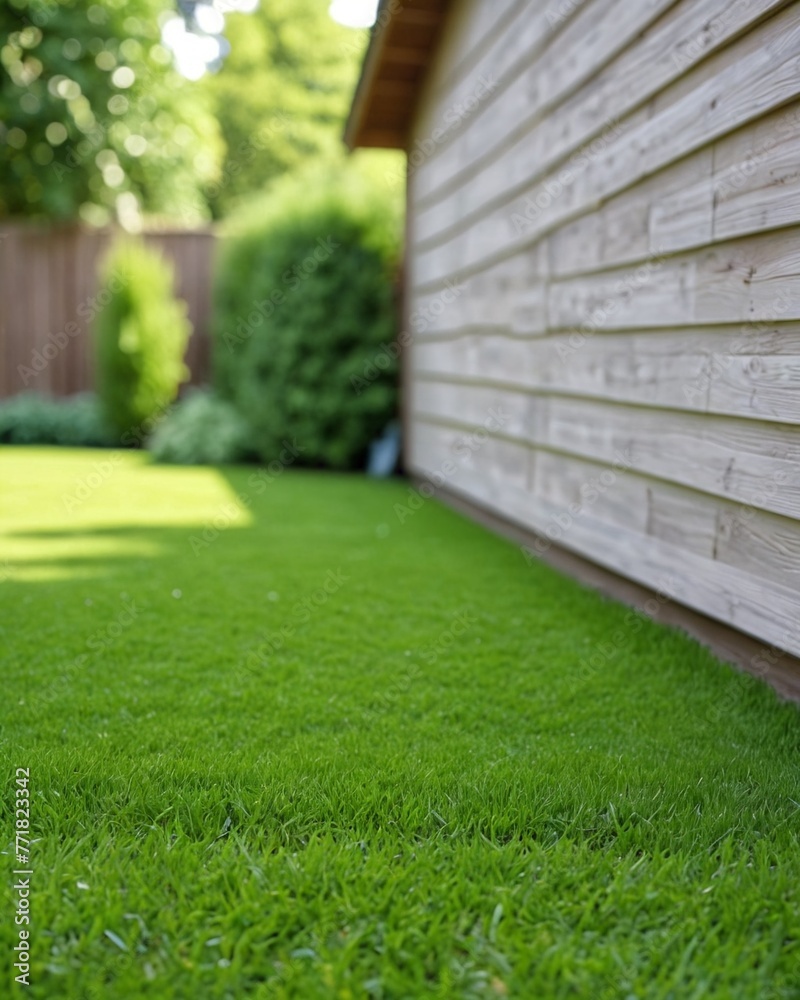 Green lawn against the backdrop of a barn with garden supplies. Green lawn against the backdrop of a house on a sunny day. Background for gardening with copy space. Green lawn against the backdrop of a barn with garden supplies. Green lawn against the backdrop of a house on a sunny day. Background for gardening with copy space.