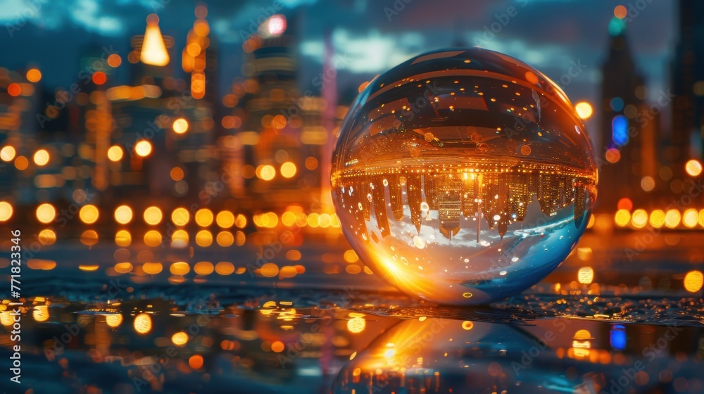A future cityscape view through a golden color transparent glass globe sphere on the floor with architectural town background at the back drop and blurred bright lights dots A future cityscape view through a golden color transparent glass globe sphere on the floor with architectural town background at the back drop and blurred bright lights dots