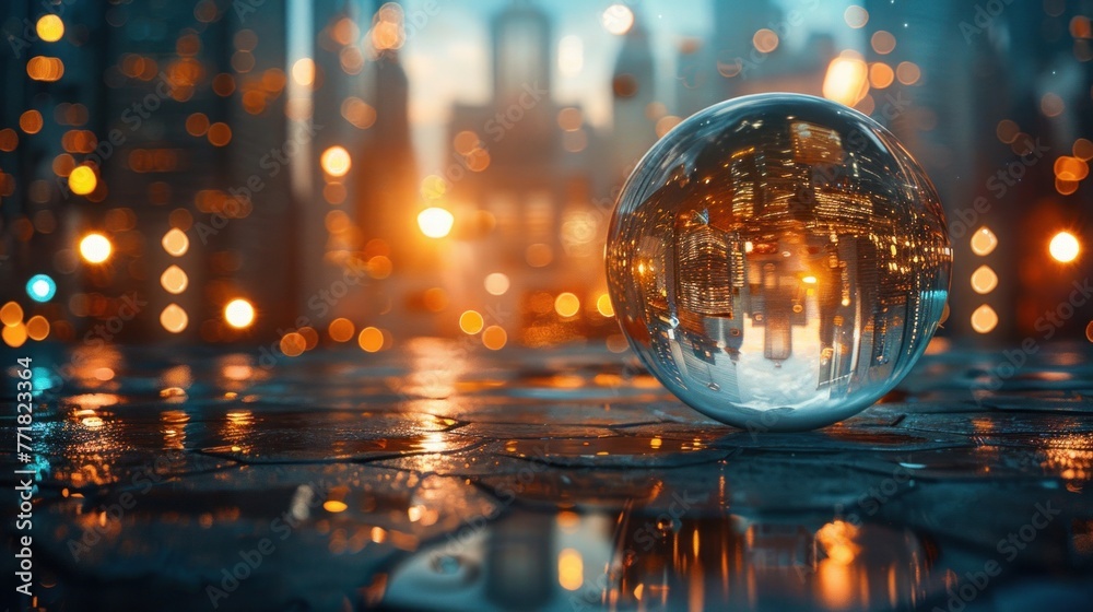 A future cityscape view through a golden color transparent glass globe sphere on the floor with architectural town background at the back drop and blurred bright lights dots A future cityscape view through a golden color transparent glass globe sphere on the floor with architectural town background at the back drop and blurred bright lights dots