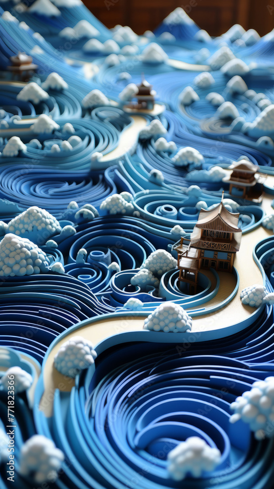 Obraz premium Layered Paper Art of Ocean Waves with Pagodas