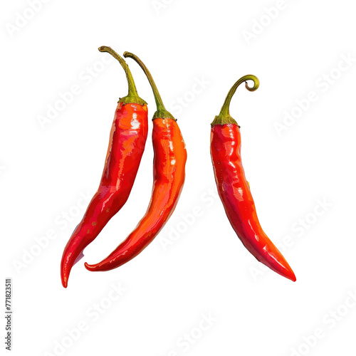 Two red chile de rbol peppers with green stems on transparent background photo