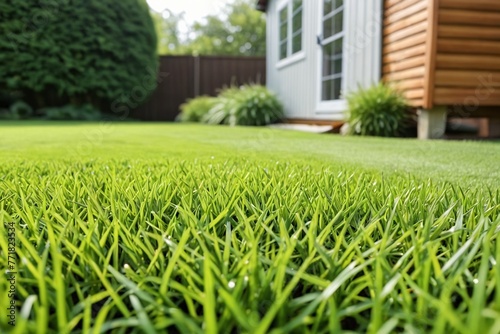 Green lawn against the backdrop of a barn with garden supplies. Green lawn against the backdrop of a house on a sunny day. Background for gardening with copy space.