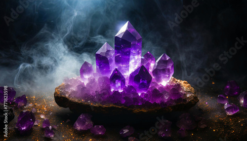 Majestic glowing amethyst minerals with smoke on dark background and dramatic light with fog around
