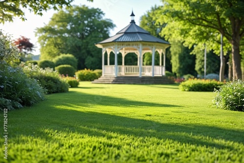 In the city park, in the middle of a green lawn, there is a beautiful gazebo for relaxation. Well-groomed paths along the green lawn. Texture of grass, lawn.