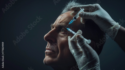 A man is receiving a botox injection in his forehead as a gesture towards beauty and selfcare. The electric blue hat of the music artist adds an artistic touch to the event