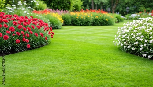 The backyard garden is full of flowers. Smooth green lawn with flowers in the background. © 360VP