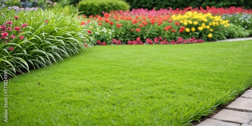 The backyard garden is full of flowers. Smooth green lawn with flowers in the background.