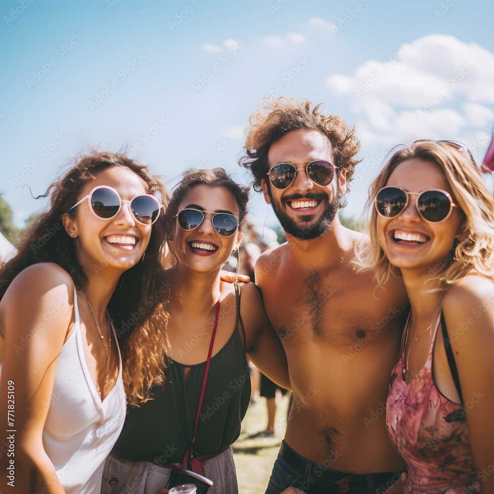 A group of friends at a summer music festival. 