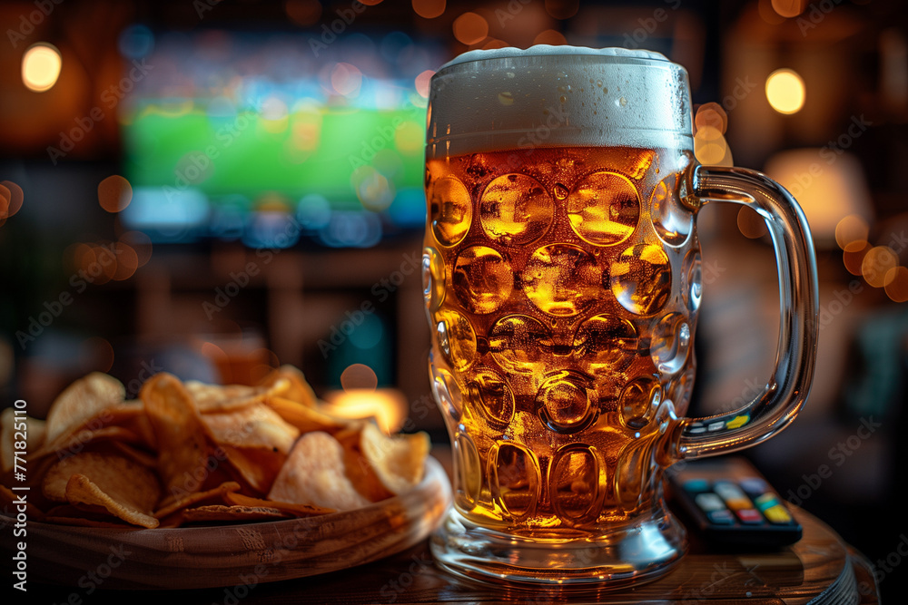 Glass beer mug with a plate of chips and a remote on a table with a sports broadcast in the background
