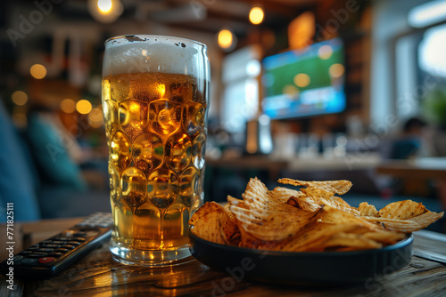 A glass of beer, a plate of chips and a TV remote on a table in the background of a soccer game being broadcast on the TV in the bar