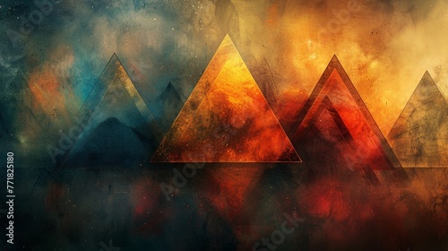 Transparent triangles in an abstract art style overlaying a textured background with a warm color gradient