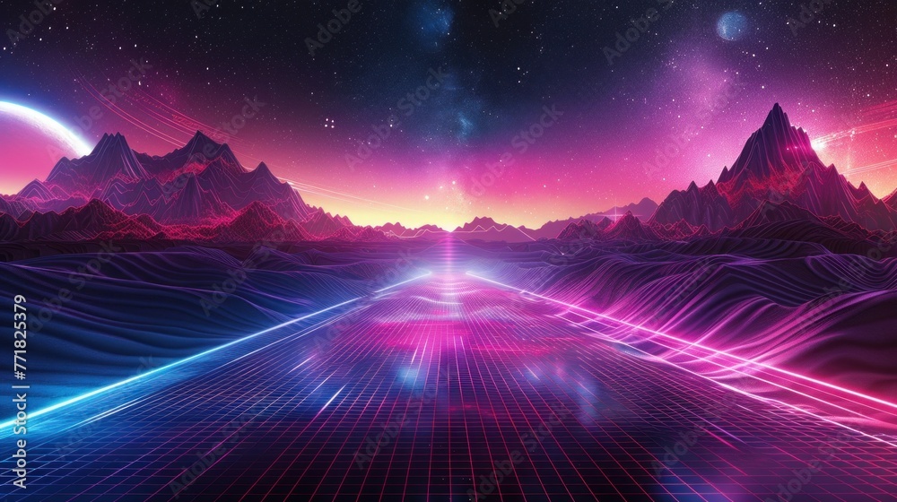 Futuristic set. Retrowave, synthwave, rave, vapor wave, cyberpunk party background. Vector light grid landscape. Retro, vintage 1980s, 1990s style. Black, purple, pink, blue neon colors. Print, poster - obrazy, fototapety, plakaty 