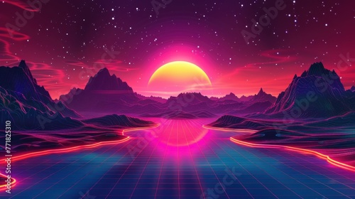 Futuristic set. Retrowave, synthwave, rave, vapor wave, cyberpunk party background. Vector light grid landscape. Retro, vintage 1980s, 1990s style. Black, purple, pink, blue neon colors. Print, poster