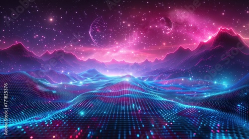 Futuristic set. Retrowave, synthwave, rave, vapor wave, cyberpunk party background. Vector light grid landscape. Retro, vintage 1980s, 1990s style. Black, purple, pink, blue neon colors. Print, poster