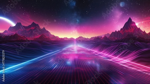 Futuristic set. Retrowave, synthwave, rave, vapor wave, cyberpunk party background. Vector light grid landscape. Retro, vintage 1980s, 1990s style. Black, purple, pink, blue neon colors. Print, poster photo
